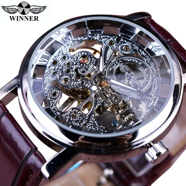Winner New Design Wristwatch For Men Hollow Dial Leather Band Alloy Case Automatic Mechanical Watches