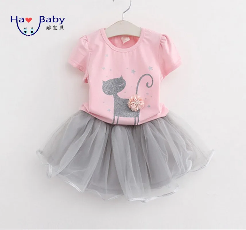 Hao Baby Europe And America Girl Children Wear Cat Cartoon Short Sleeve  Kid Skirt Dress