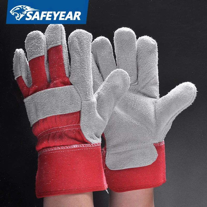 Red Double Palm Split Cow Leather Work Gloves With CE Certificate For Mechanic