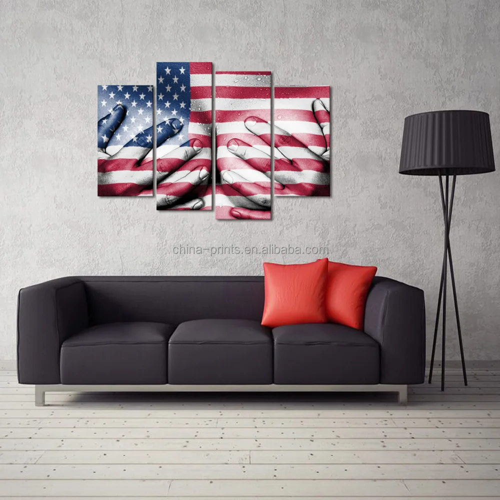 4 Piece Nude Sweaty Woman Canvas Wall Pictures Hands Covering Breasts Vintage Flag of the USA Hot Body Painting for Living Room
