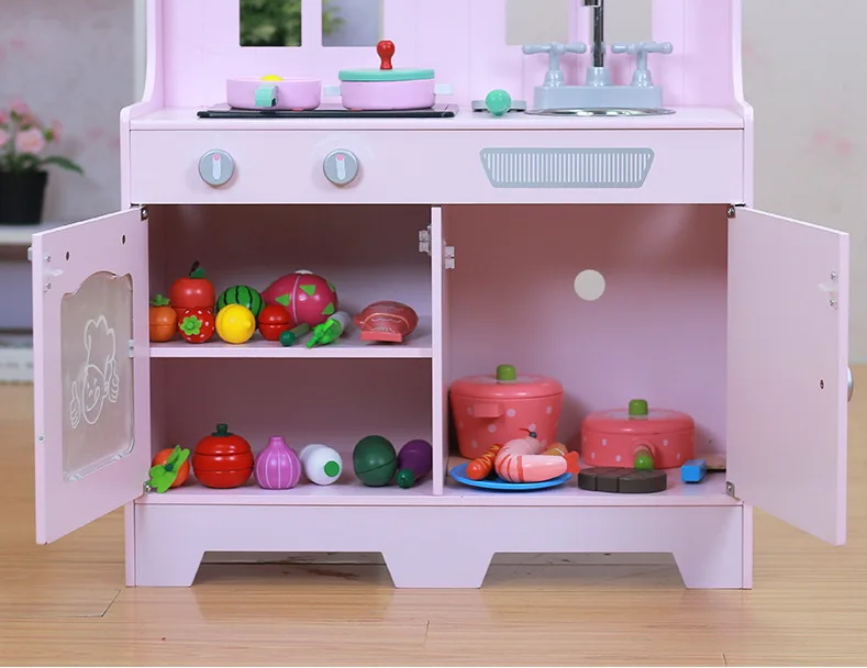 Children Wooden Pink music toys kitchen set with Magnetic Cutting Fruits toys pretend play kitchen toys for kids WKT28-F