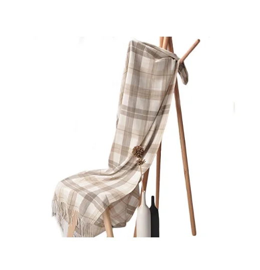 Grey and  White Plaid Fringed Cashmere Shawl Throw  Jacquard Wool  Blanket