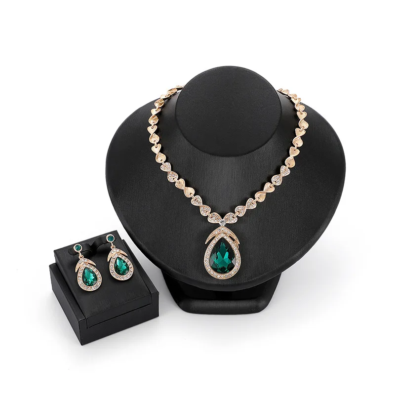 India Malaysia Popular Fashion Brazilian Gold Jewelry Sets with Wedding Bridal Rainbow Crystal Floral Charm Necklace for Women
