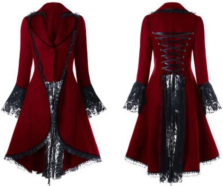 ecowalson  Womens Gothic Tailcoat Jacket Black Velvet Lace Vampire Steampunk Costume