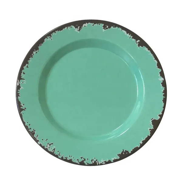 Decorative wholesale melamine rustic style printed dusty blue round green salad dessert charger plates for restaurants and kids