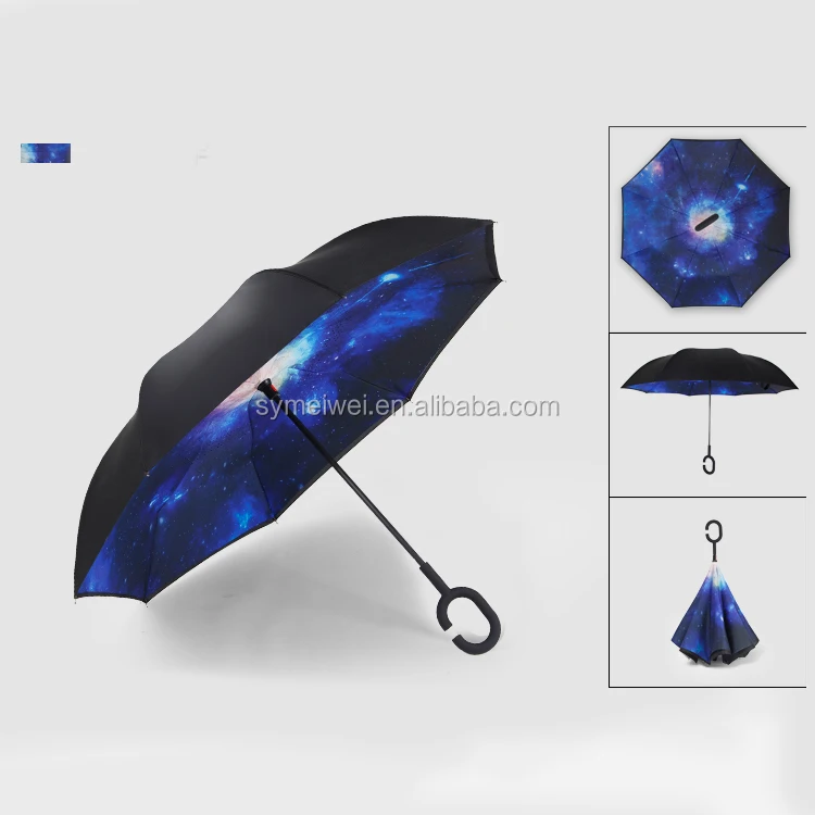 reverse umbrella with logo custom printing flower inside inverted C curve handle business ads promotion for the rain umbrellas