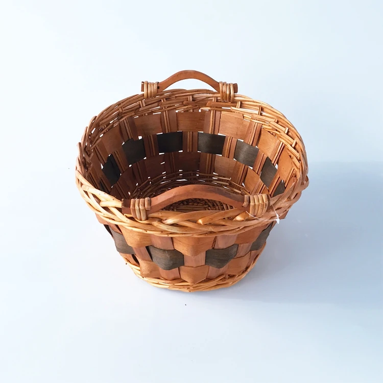 
round willow and wood chip tray with wooden handles honey color tray basket 