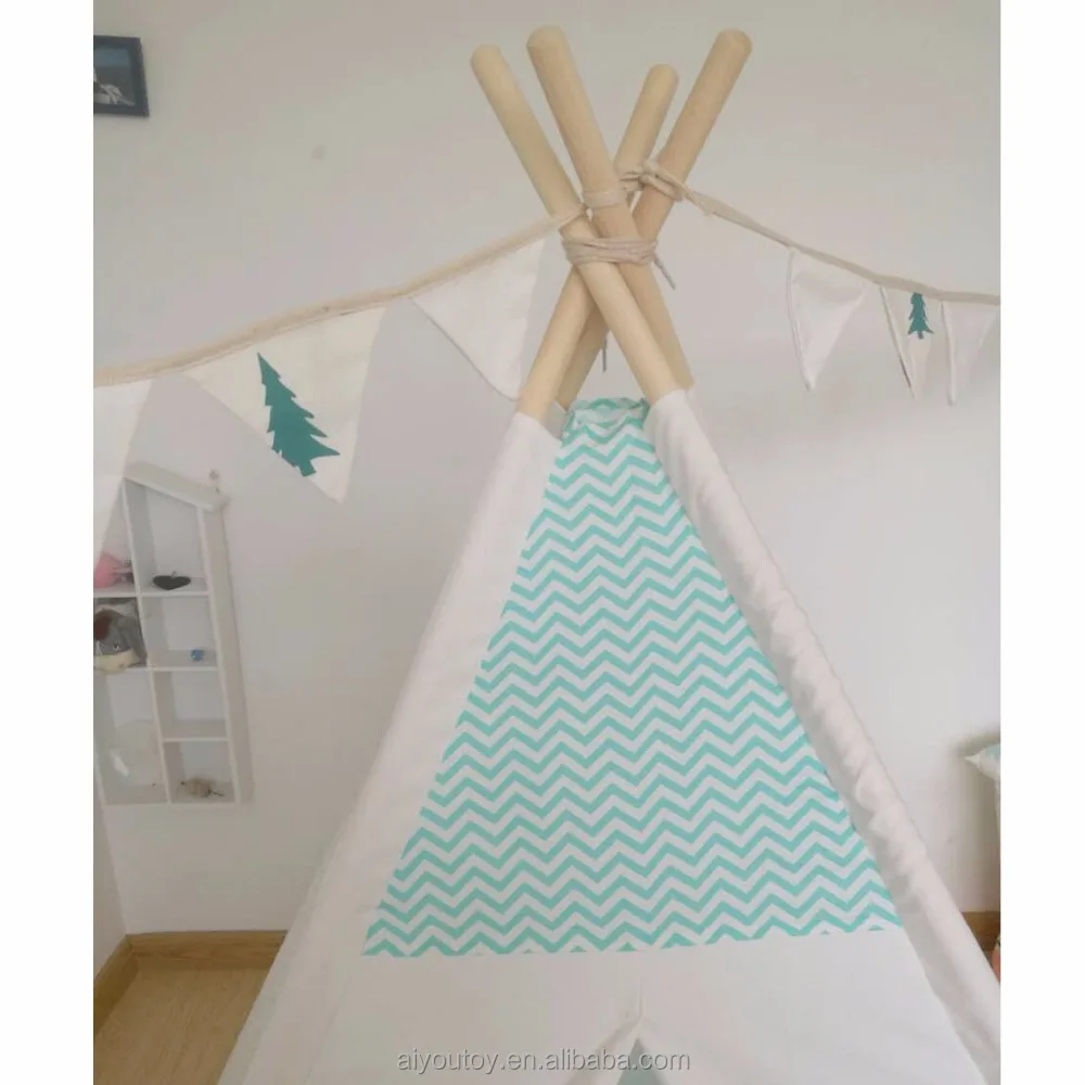 
Kids Play Tent Indian Teepee Children Playhouse four poles with green stripe 