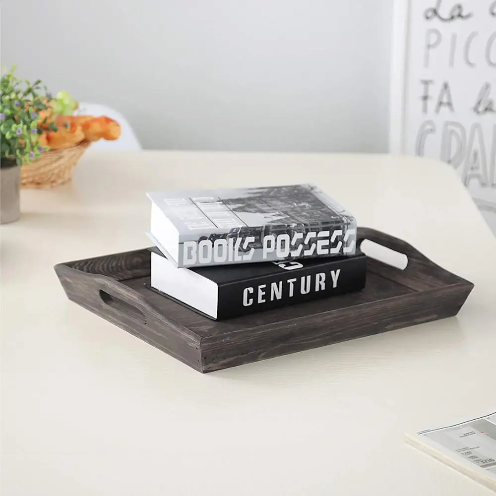 
Rustic Coffee Brown 16-inch Wooden Breakfast Serving Tray with Oval Cutout Handles 