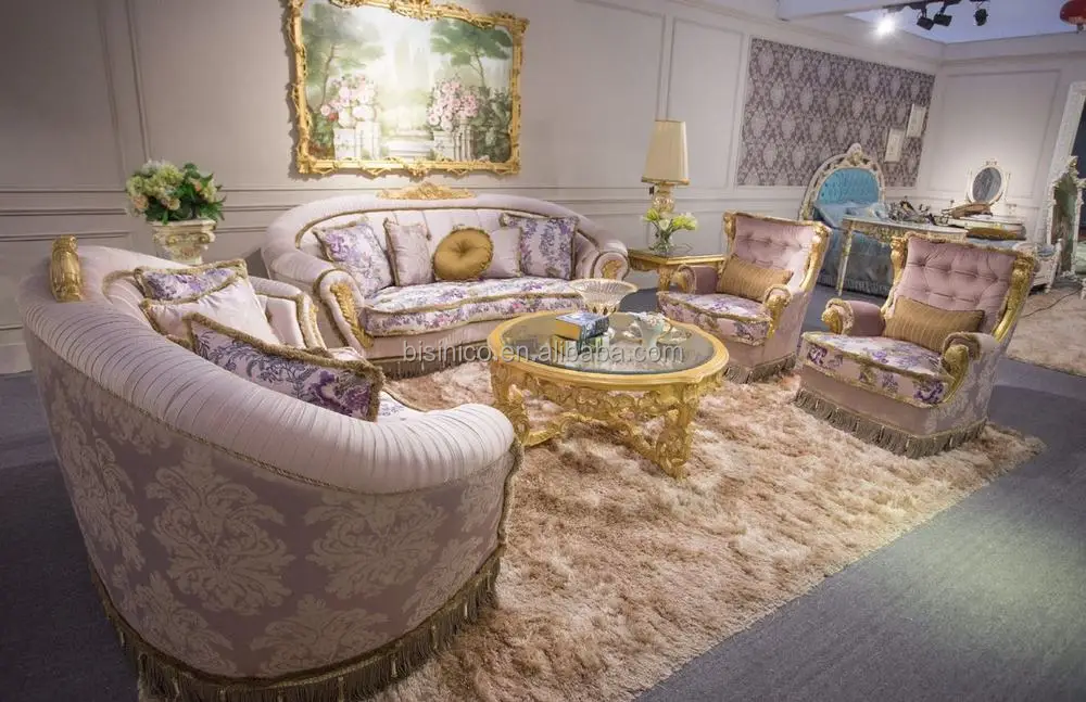European Rococo Style Romantic Light Purple Sofa Couch Set, Latest Design Elegant Sofa Set with Fringe
