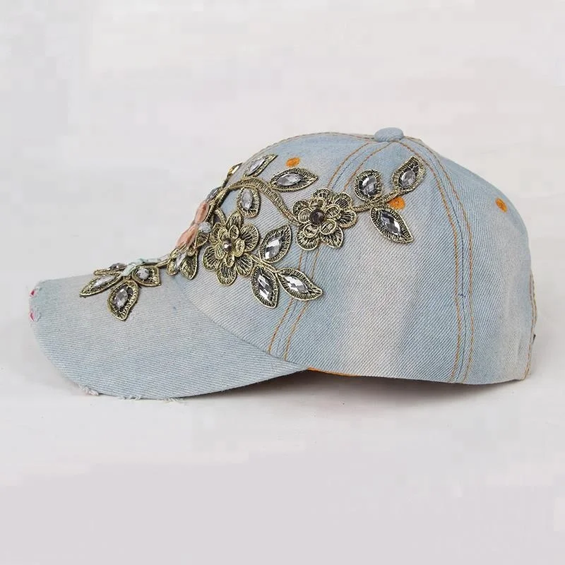 Embroidered Vine Baseball Cap Paste Rhinestone Manufacturer from China Sport daily and Sun Hat 6-panel Hat Plain Adjustable
