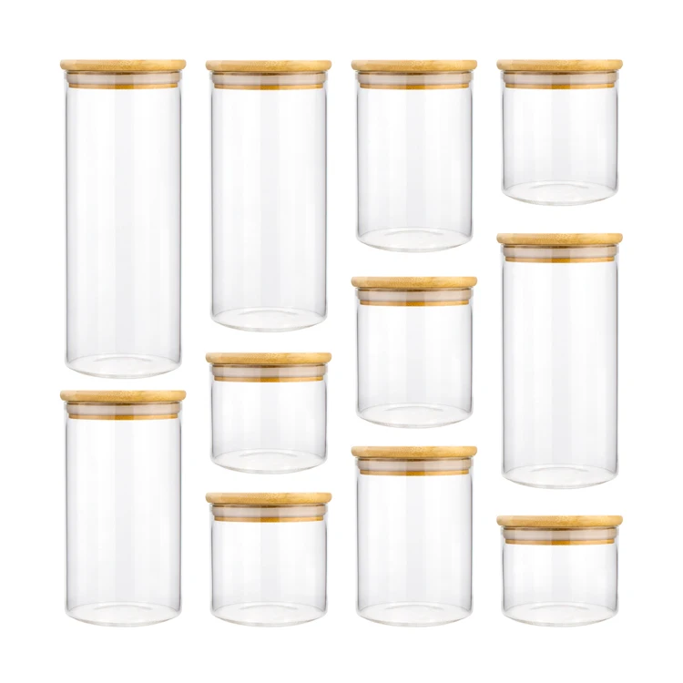 4 oz 6 oz 8 oz Clear High Cylinder Airtight Candy Food Storage Borosilicate Glass Candle Jars With wooden Top Lid