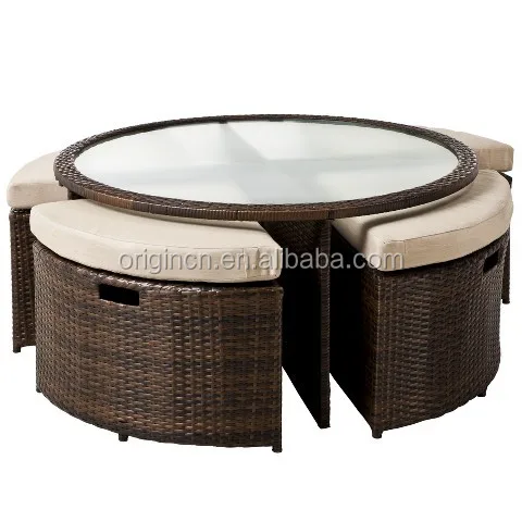 Круглый вид в разрезе Экономия пространства 4 Табуреты/пуфы со стеклянной столешницей dinig столик из ротанга открытый стол и стулья для сада террасы