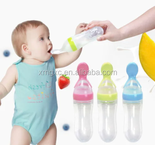 Infant baby silicone feeding bottle with spoon