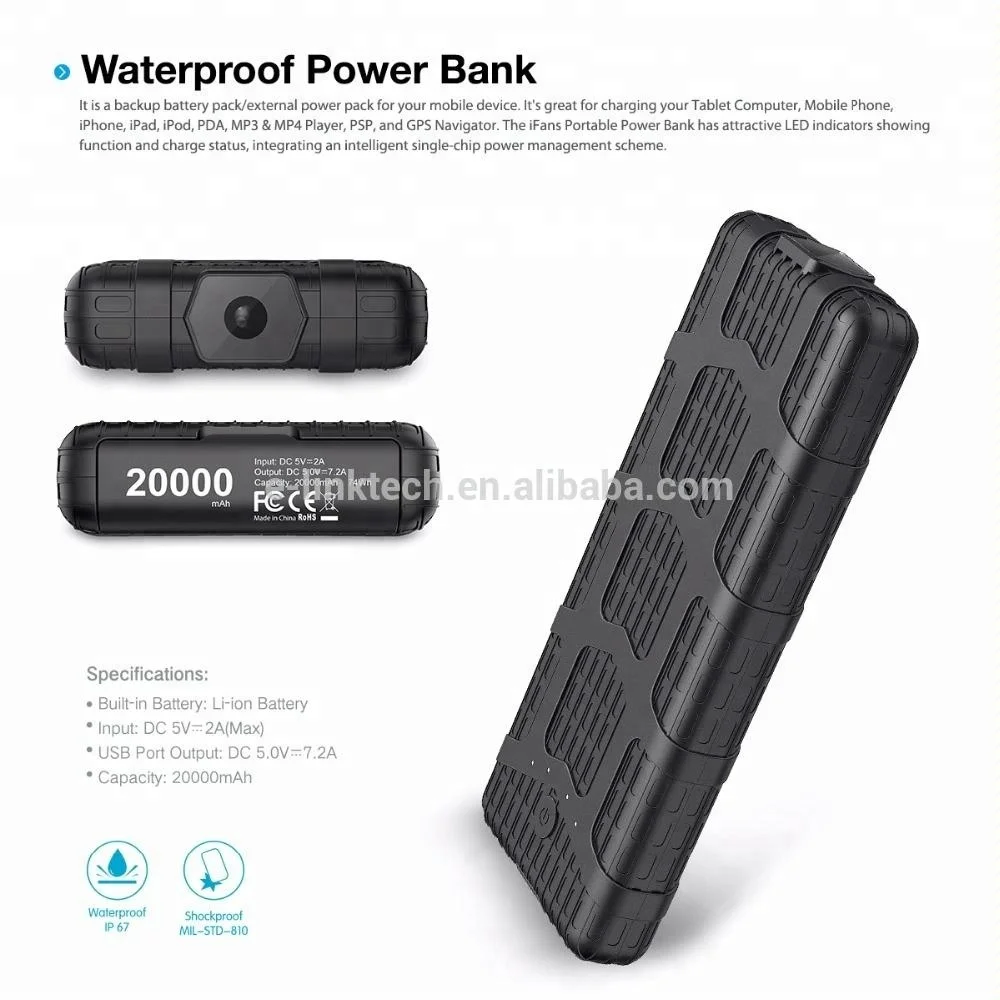 Waterproof IP67 backup disposable mobile charger Power bank with 20000mah battery cell for iphone Galaxy S7/S8