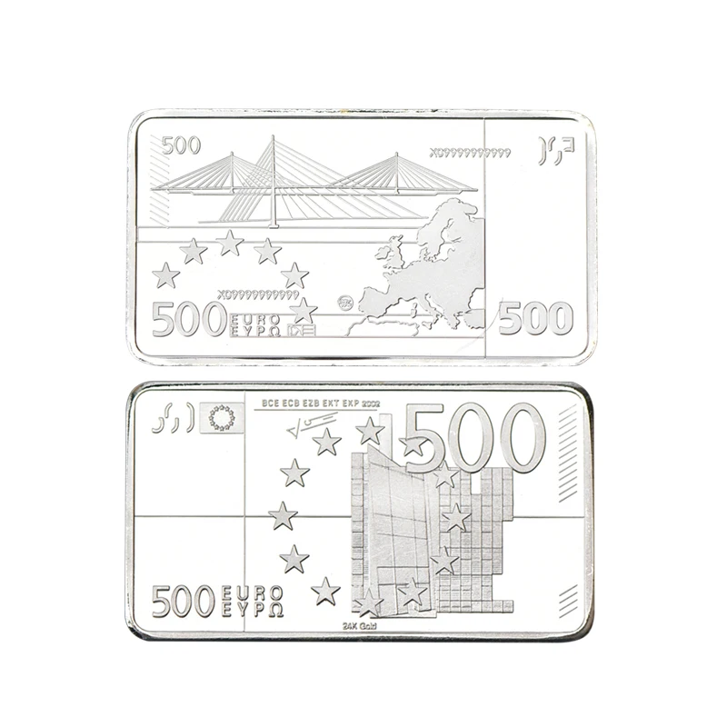 Hot Sale 24K Silver Plated Bar Top Quality Silver Banknote Metal Bars Square 500 Euro Commemorative Bar for Souvenir