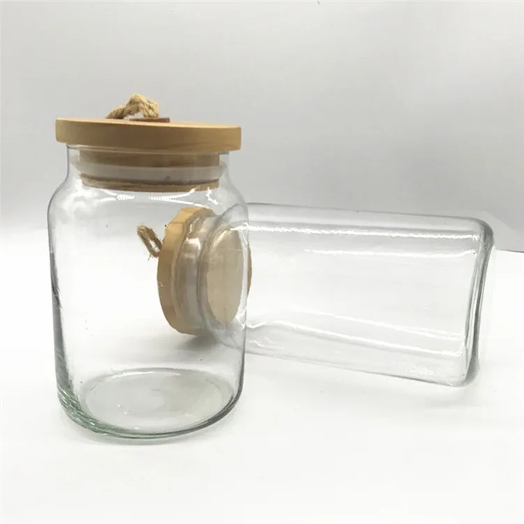 
Food containers in the kitchen Glass jars with wooden covers are used for storing food 