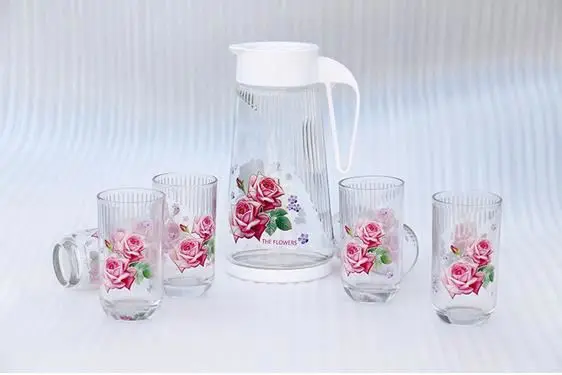 
New design 7pcs decal printed glass drinking jug set with 1 jug & 6 glasses cup/water&juice pitcher set 