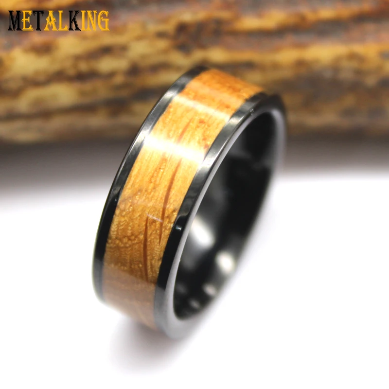 Black Plated Tungsten Carbide Ring with Oak Whisky Barrel Wood Inlay Flat Finished