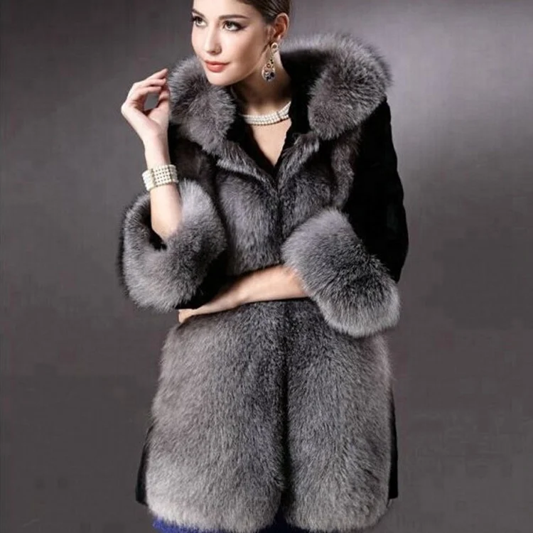 Luxury design women long sleeves with genuine silver fox fur coat
