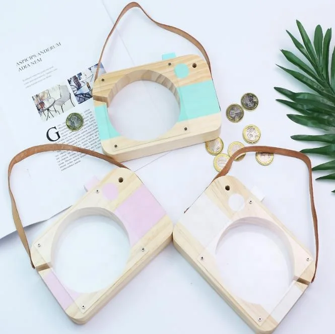 Wood Crafts Clear Camera Shape Piggy Bank Wooden Kids Room Decoration Money Saving Box