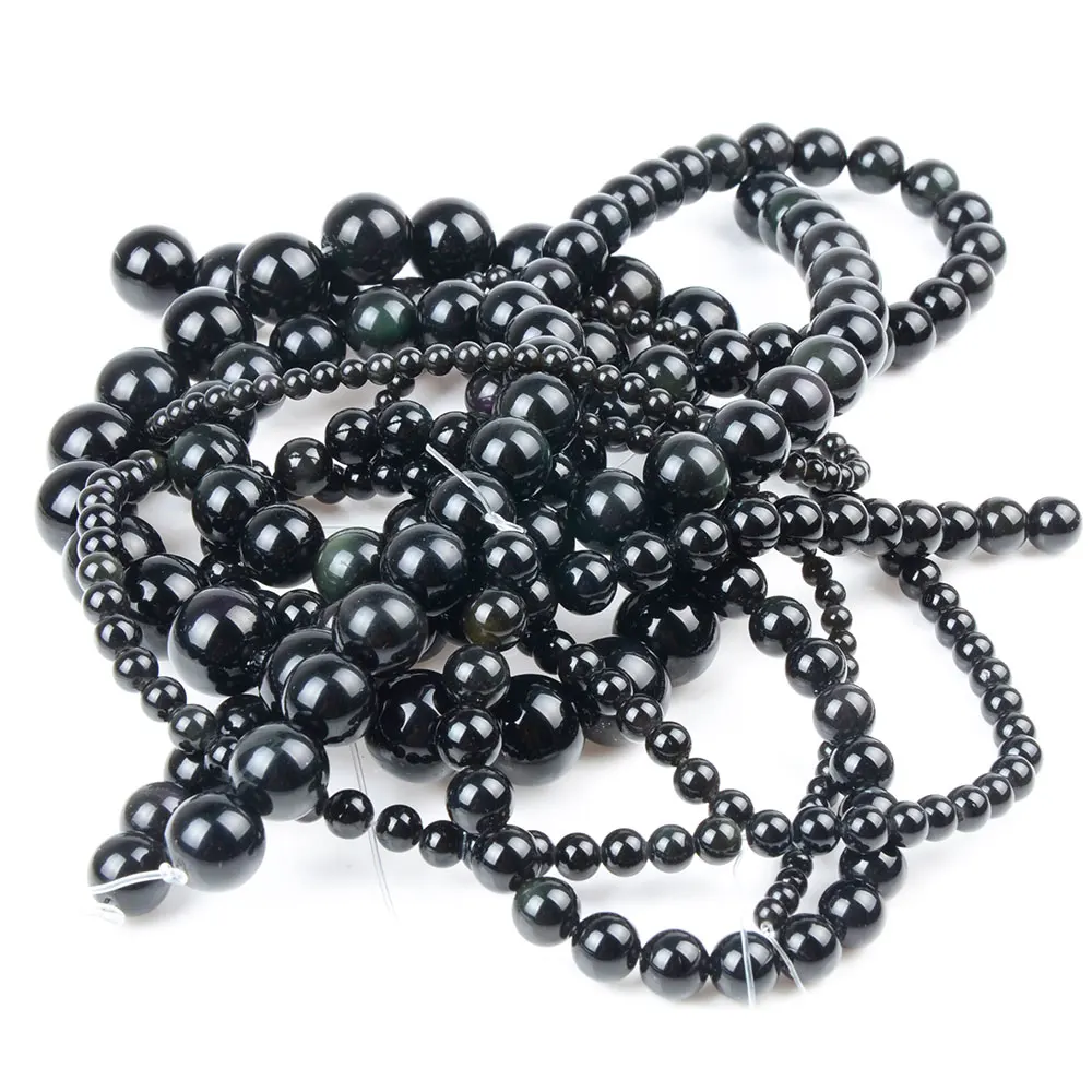 Natural Black Obsidian Stone Beads Strand 4 6 8 10 12 MM for Bracelet Jewelry Making