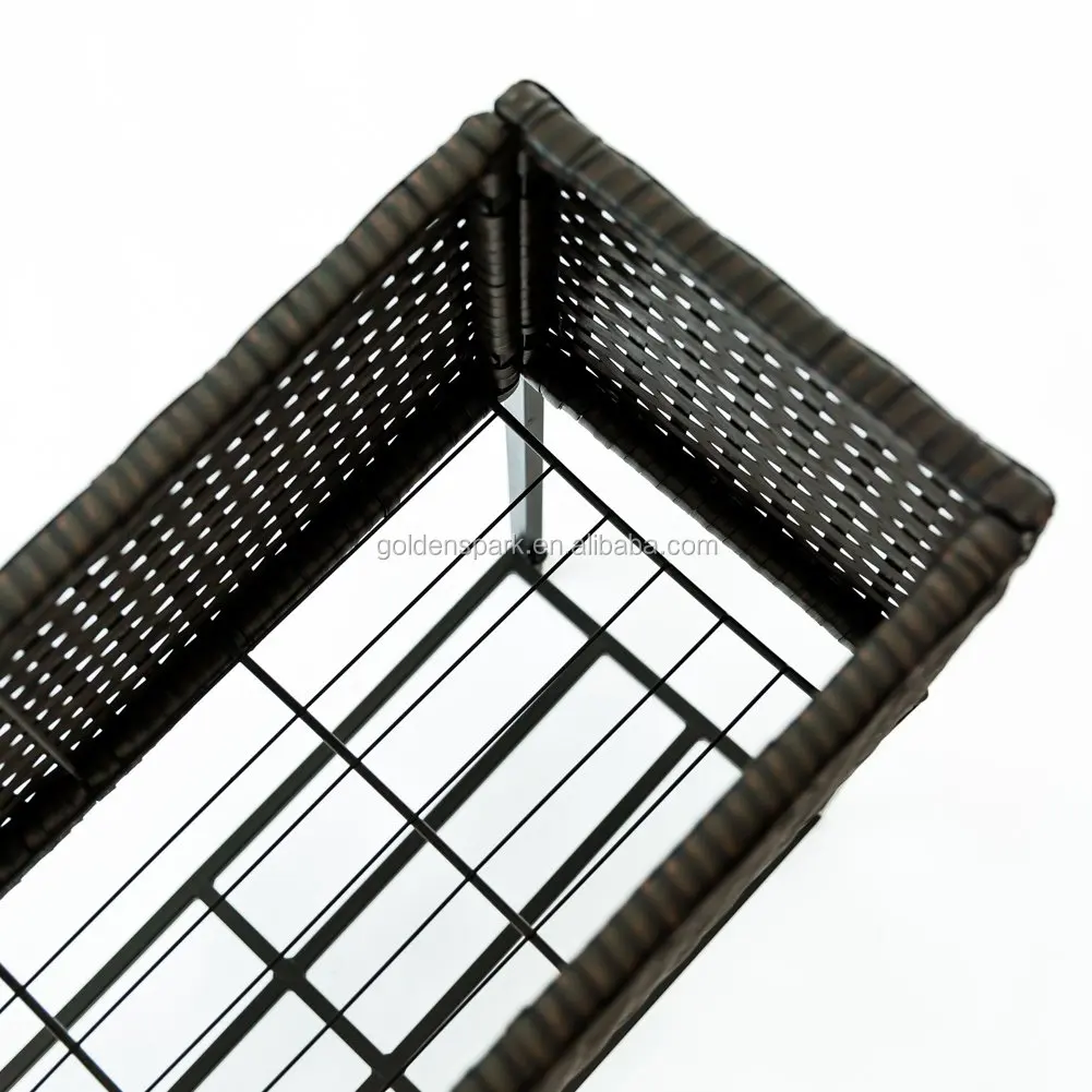 Wicker Plant Stand Indoor Outdoor Raised Rectangular Planter Box, Elevated Flower Pot Stand Holder with Shelf, Black Metal Frame