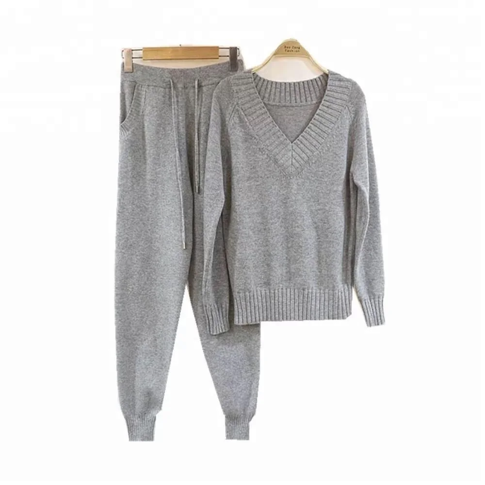 
B23248A Women stylish Knitted V neck sets sweater trousers clothing set 