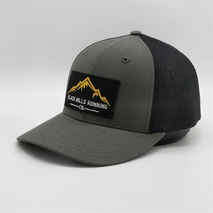 Wholesale Oem Customised Logo High Quality 6 Panel Blank Mesh Snap Back Grey 112 Trucker Caps Hat With Embroidery Patch