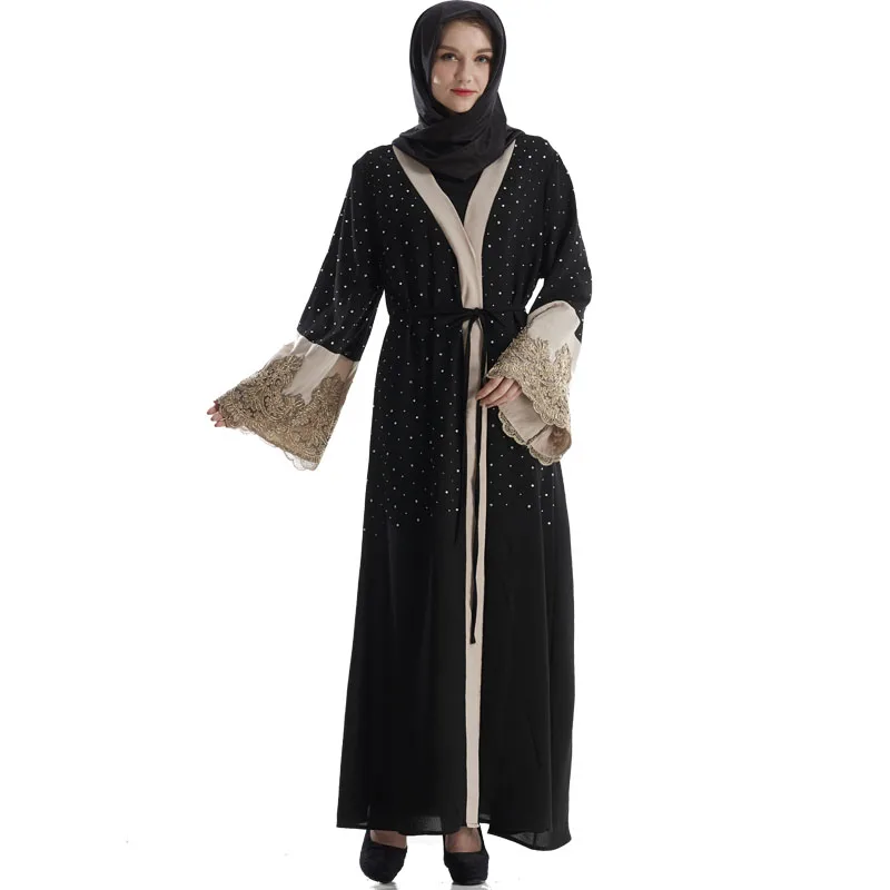 
2017 New model abaya in dubai long sleeve front open black abaya decorated with rhinestone 