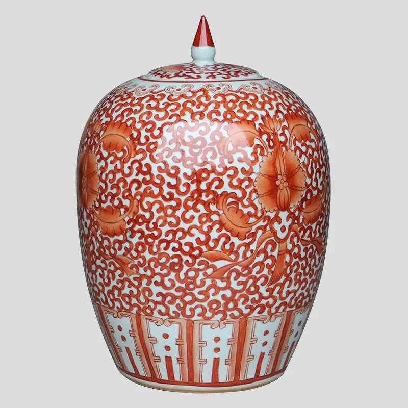 Chinese porcelain home decorative flower vase ceramic jar with red and white painting food can