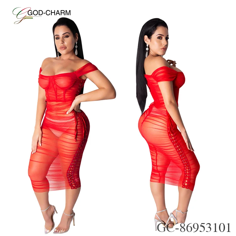 *GC-86953101 2022 new African clothing God-Charm wholesale sexy off-shoulder eyelet see-through mesh dress for nightclub wear