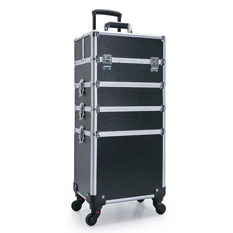 4in1 I Aluminum Cosmetic Makeup Suitcase Train Box Trolley Rolling Makeup Case with 360 Degree Wheels