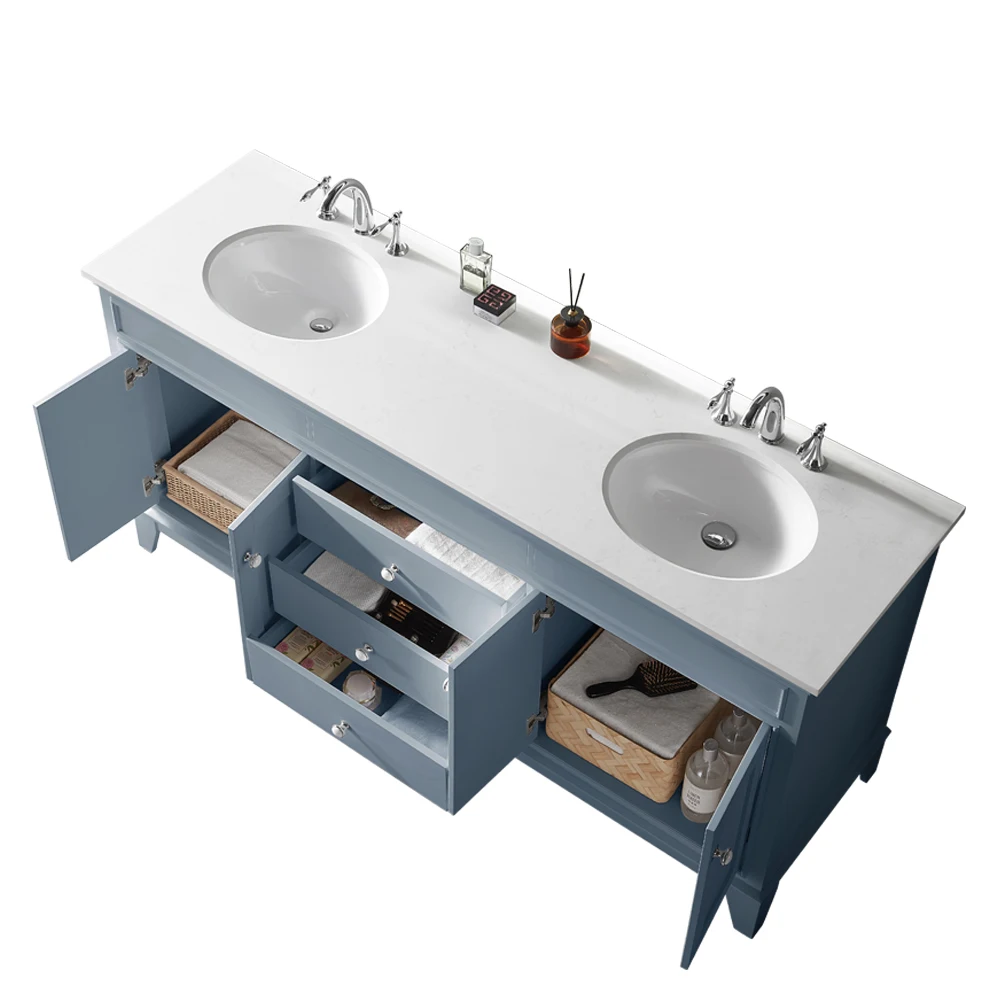 
American classic style quartz stone countertop bathroom vanity wooden cabinet 
