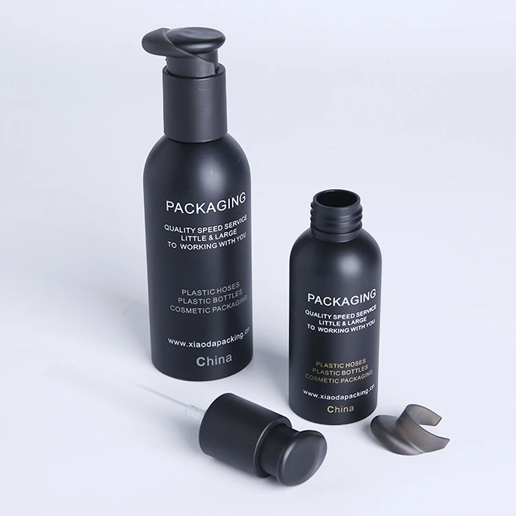 Wholesale matte black acrylic PET pump sample bottle 100ml-300ml cosmetic packaging