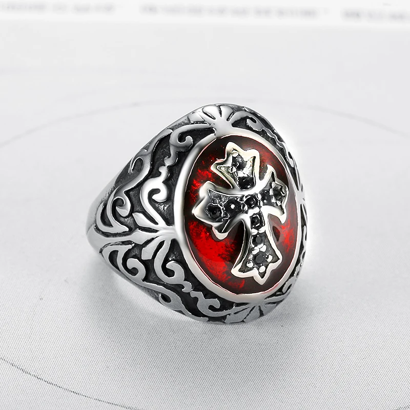 Vintage Stainless Steel Templar Crusader Red Armor Shield Knight Cross Ring for Men Personality Fashion Jewelry