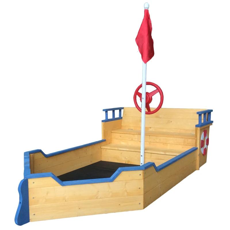 Wooden Pirate ship sandpit Outdoor Wooden Sandbox Foldable Bench Seats for Kids
