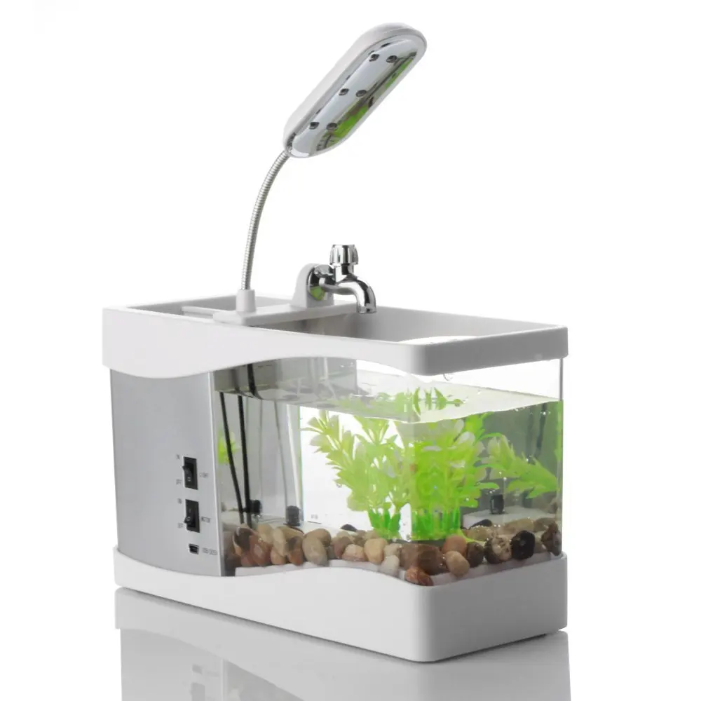 USB Desktop Aquarium Mini Fish Tank with Running Water LCD Time Clock Alarm Colorful LED Lamp Light Calendar Holds 1.5 Quart for