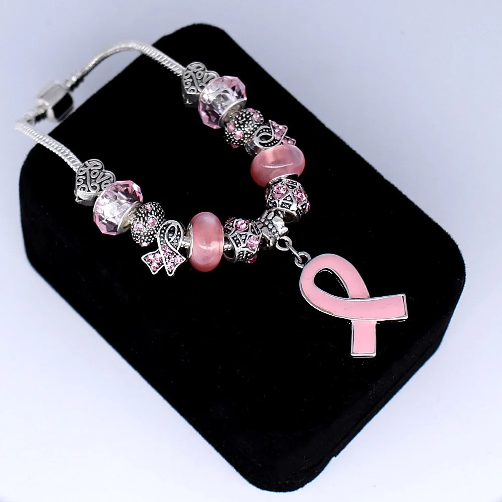 Pink RIbbon Breast Cancer Awareness Big Hole Beads Bracelets With Snake Chain For Women Survivor Souvenir Gift