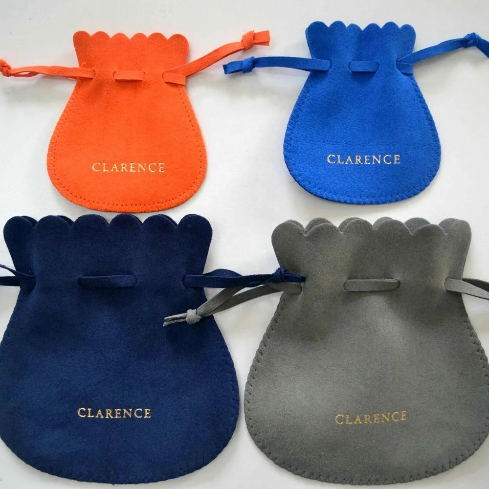 Pear shape suede leather rings packing zigzag stitch pouch