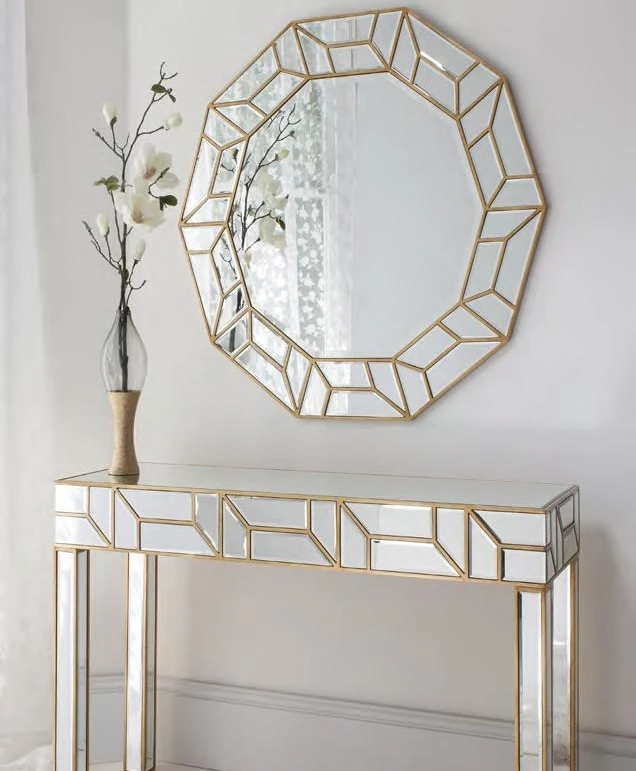 
Geometric modern fancy gold wall mirror with mirrored console table 