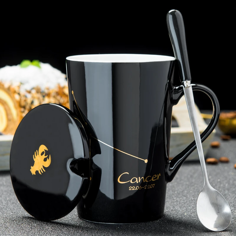 12 Constellations Creative Ceramic Mugs with Spoon Lid Black and Gold Porcelain Zodiac Milk Coffee Cup