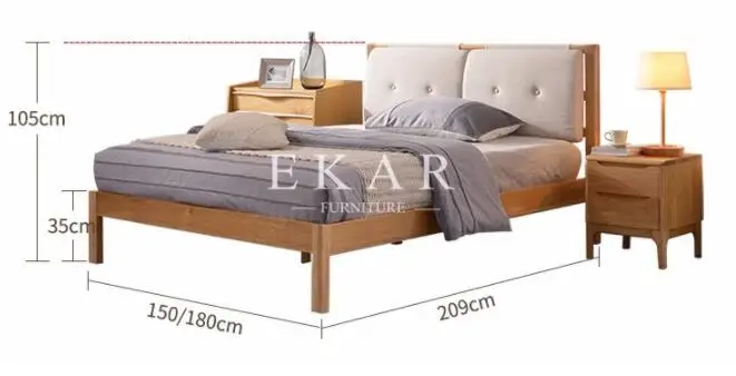 Fashion Modern Bedroom Furniture Solid Wood Bed Frame Fabric Headboard Nordic Simple Style Wooden Double Bed