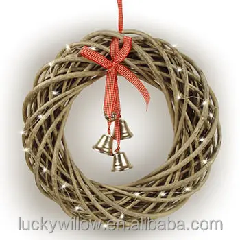 Hot sell Christmas wicker wreath with lights and bells,grey hanging christmas wreath