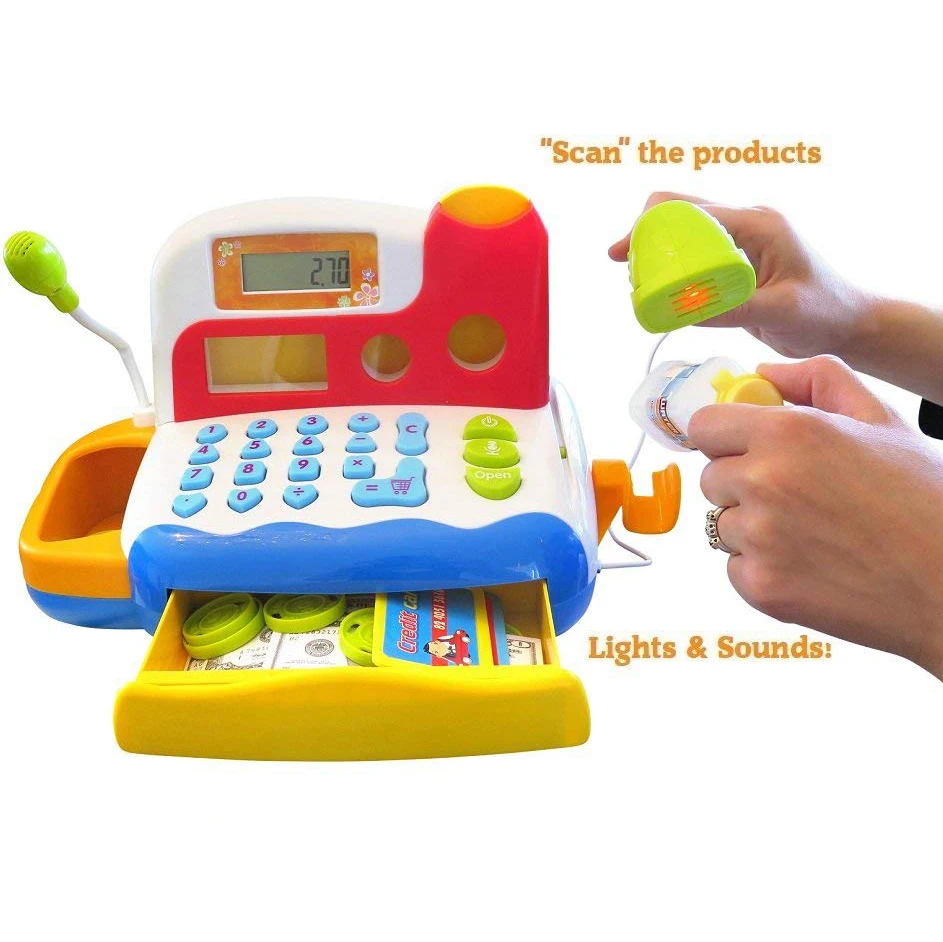 Durable Kids Cash Register Toy with Electronic Sounds, Microphone, Scanner, Calculator, and Pretend Play Food Set