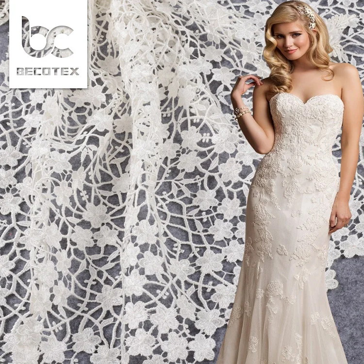 Popular new style white beaded 3d flower guipure lace fabric