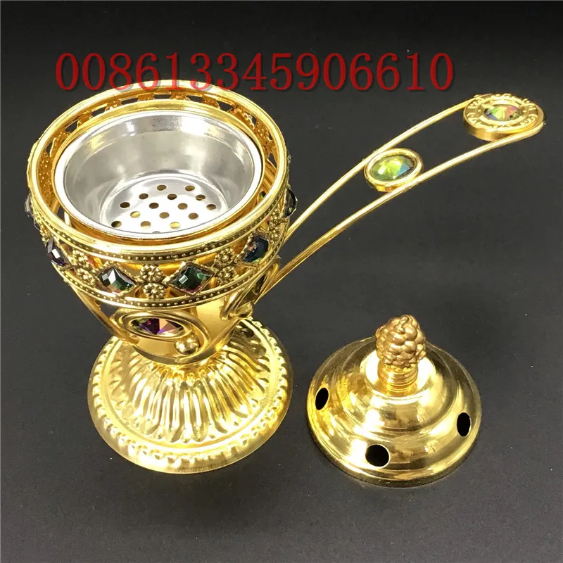 antique metal diamond incense burner with handle bar