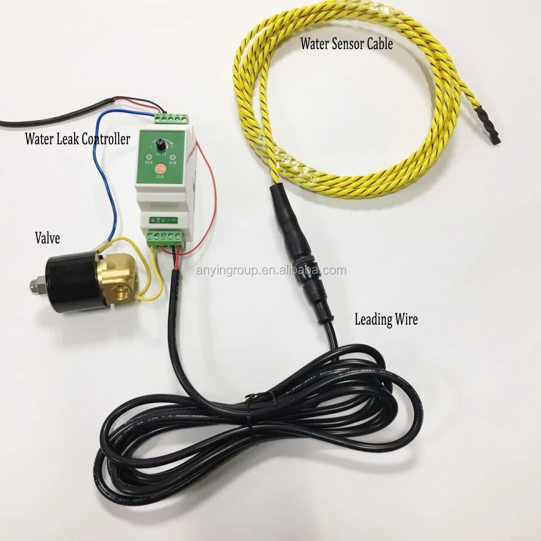 Water leak detector with shut off valve water sensing cable,  water Shut-Off Valve, water leak detection rope