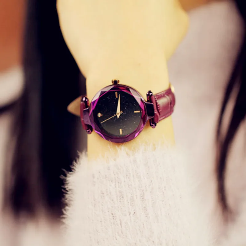 2018top brand attractive design lady watch rose gold star-studded face hombre reloj prism-shaped bezel fashion leather orologio