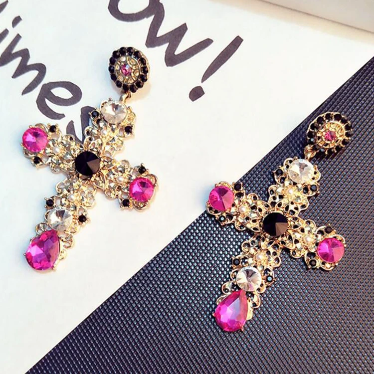 New Design Fashion KC Gold Cross With Black Red Crystal Heavy Party Jewelry Women Charm Earring